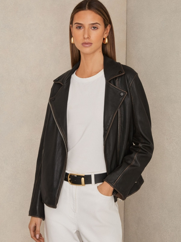 Beau Black Relaxed Leather Biker Jacket | Reiss UK