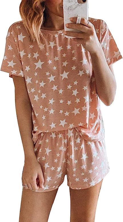 Womens Tie Dye Printed Tee and Shorts Pajamas Set Short Sleeve Sleepwear Pjs Sets Loungewear | Amazon (US)