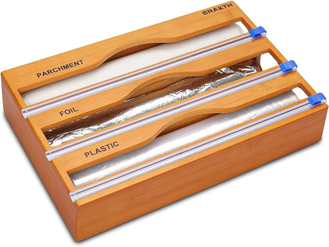 CRAKTH Bamboo Plastic Wrap Dispenser with Cutter, 3 in 1 Storage Organizer for Aluminum Foil & Cl... | Amazon (US)