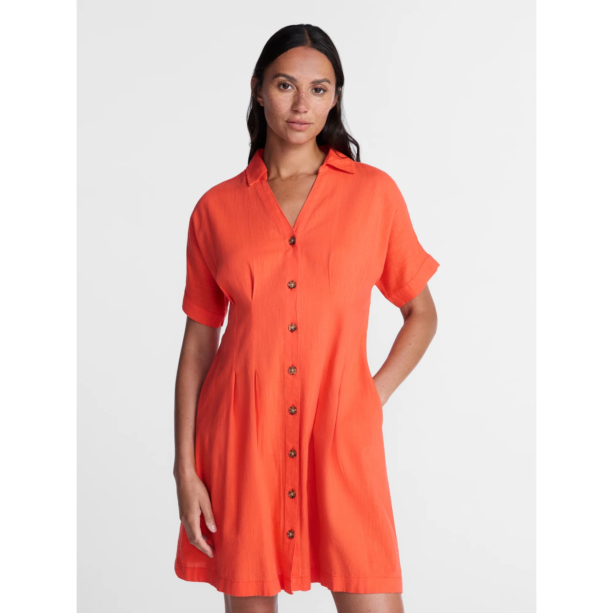Time and Tru Women's Linen Pleated Waist Fit And Flare Mini Shirt Dress, Sizes XS-XXXL | Walmart (US)