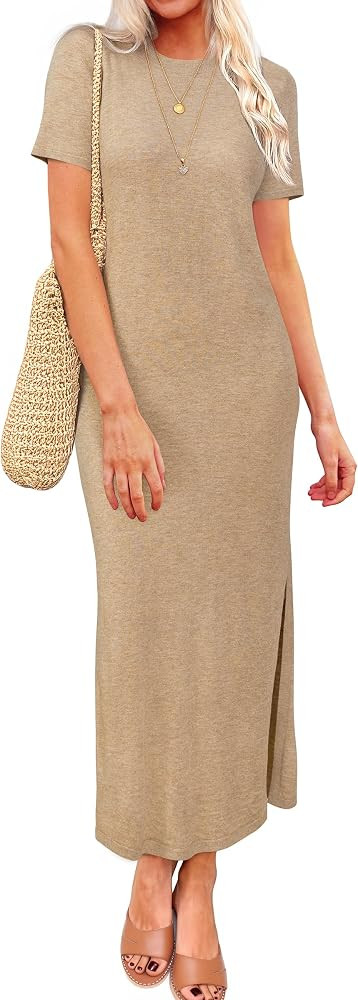 Arach&Cloz Womens Summer Wool Blend T Shirt Maxi Long Dress 2025 Spring Casual Short Sleeve Crew ... | Amazon (US)