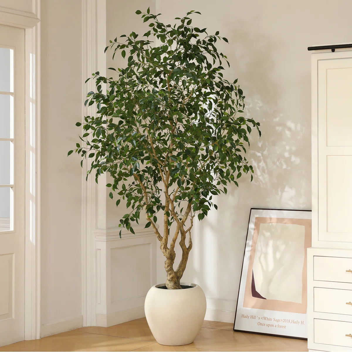 Adcock 8ft Artificial Ficus Tree with 18in White Planter, Tall Faux Ficus Tree for Outdoor | Wayfair North America