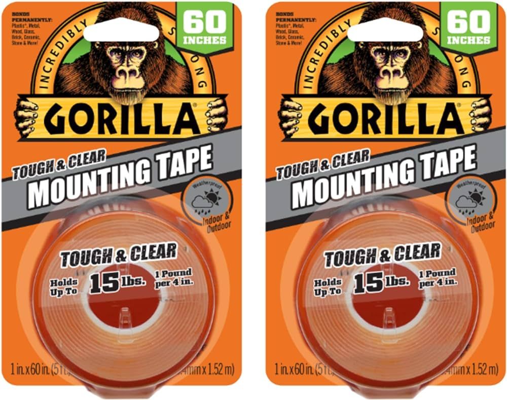 Gorilla Tough & Clear, Double Sided Mounting Tape, Weatherproof, 1" x 60", Clear, (Pack of 2) | Amazon (US)