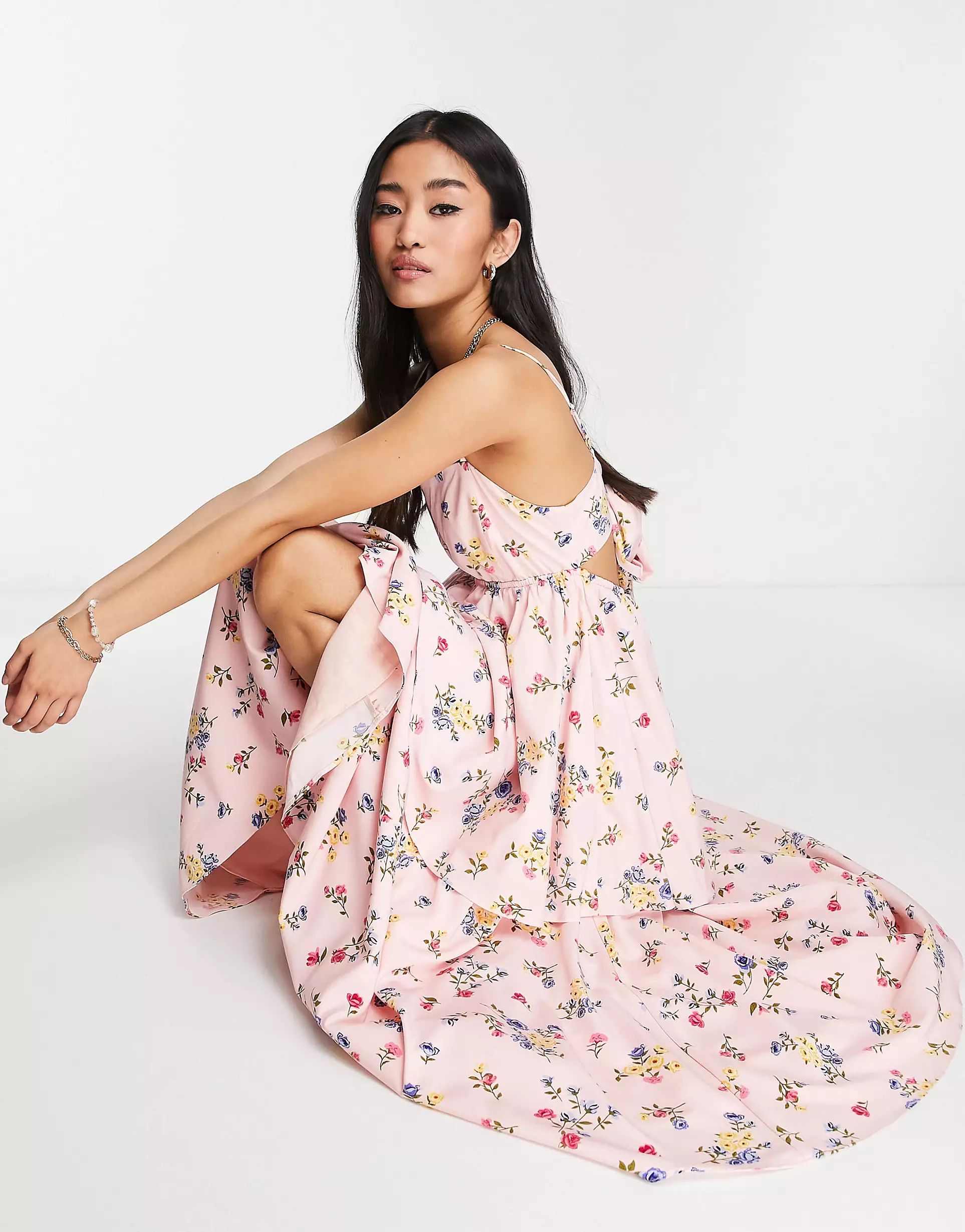 Collective the Label bow back tiered midi dress in pink ditsy floral | ASOS (Global)
