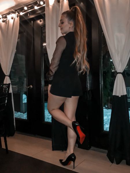 Outfit of the night! Black short dressy romper. Amazon fashion style guide. Red bottom heels. Red bottom Dhgate affordable designer fashion finds. Designer inspired outfit. Night out style. All black outfit.  

#LTKshoecrush #LTKSpringSale #LTKfindsunder50