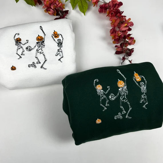 Embroidered Halloween Pumpkin Sweatshirt  Dancing Skeleton - Etsy | Etsy (US)