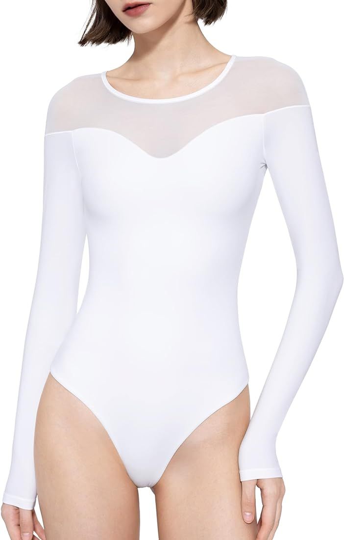 Mesh Bodysuit for Women Crew Neck Long Sleeve Body Suits Sexy Sheer Tops Smoke Cloud Collection | Amazon (US)