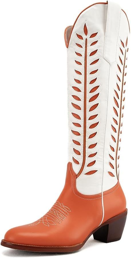 KaroNairy Orange Wide Calf Cowboy Boots for Women Foliage Embroidered Western Cowgirl Boots Chunk... | Amazon (US)