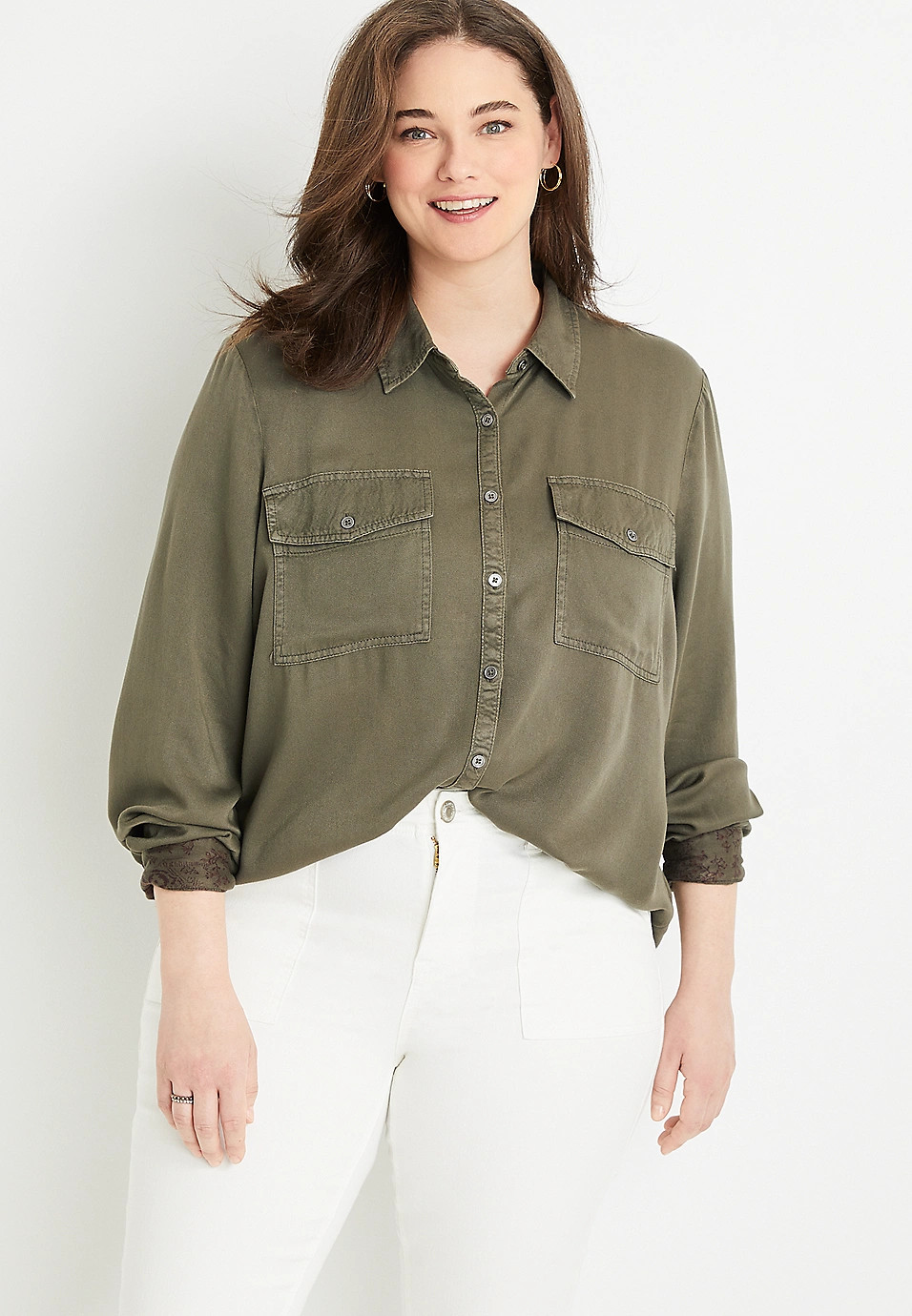 Plus Size Green Button Down Utility Shirt | Maurices