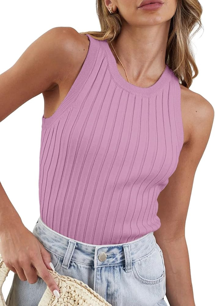 Dokotoo Womens Tank Tops 2024 Summer Sleeveless High Neck Ribbed Knit Slim Fitted Basic Solid Cam... | Amazon (US)