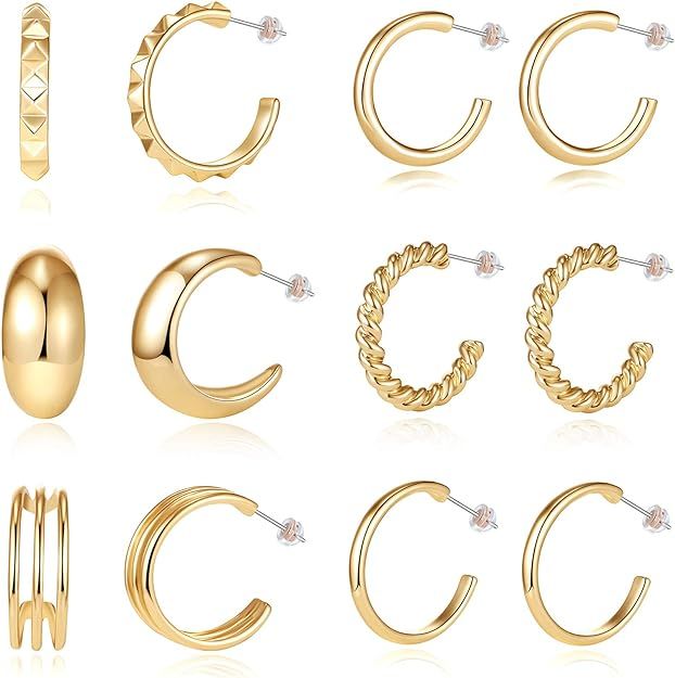 6 Pairs Small Hoop Earrings for Women Pack with Gold/Rose Gold/White Gold Tone,Stainless Steel Po... | Amazon (US)