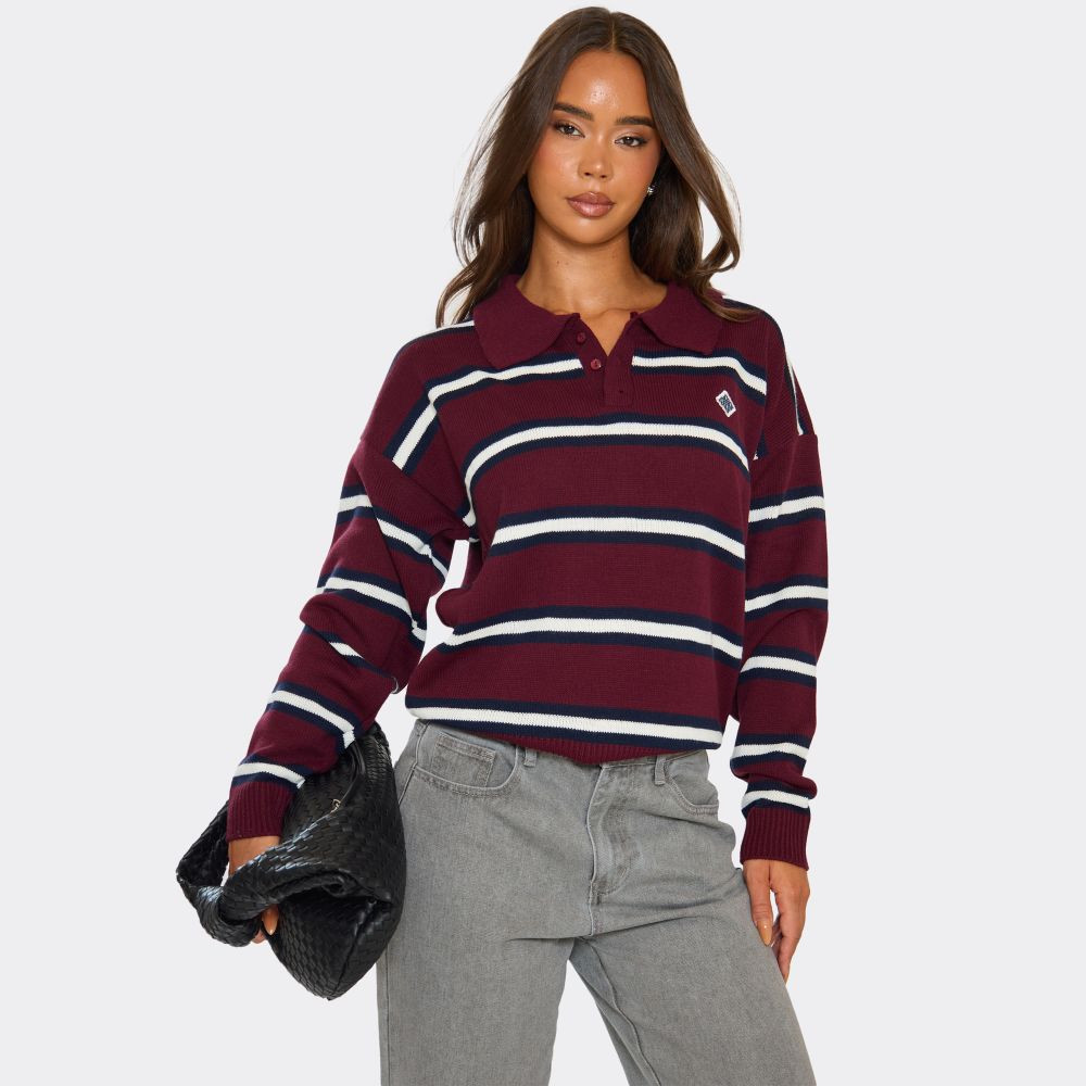Long Sleeve Polo Collar Embroidered Logo Detail Rugby Top In Burgundy Stripe Knit | EGO (UK)