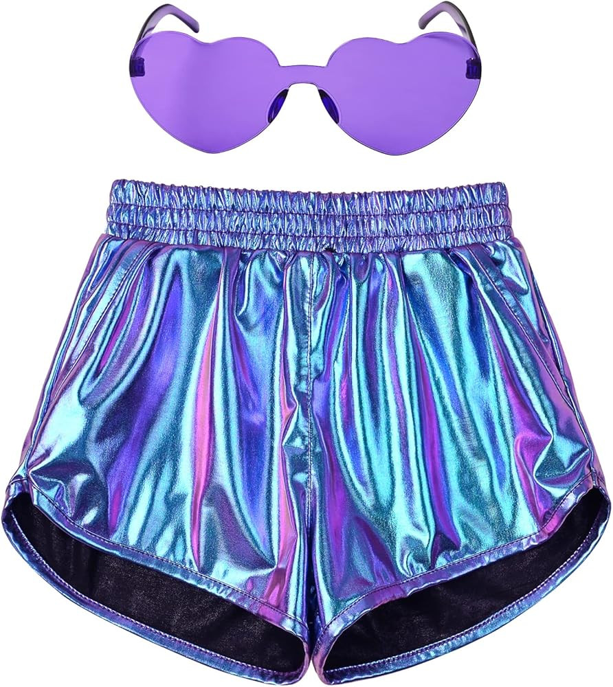 Perfashion Girls Metallic Shorts Shiny Hot Short Sparkly Party Pants &Sunglasses Purple Shorts | Amazon (US)