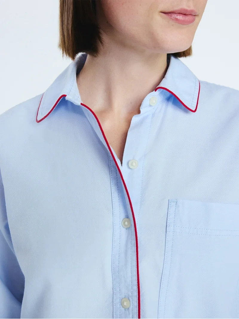 Free Assembly Women's Contrast Piped Cotton Shirt with Long Sleeves, Sizes XS-XXL | Walmart (US)