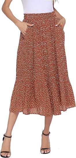 Chigant Women's Skirts Polka Dot High Elastic Waist Casual Skirt Pleated Floral Skirts with Pocke... | Amazon (US)