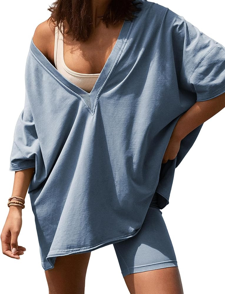 VATEAMI 2 Piece Outfits for Women Hot Shot Reversible Set Oversized V Neck T-Shirt Tops Biker Sho... | Amazon (US)