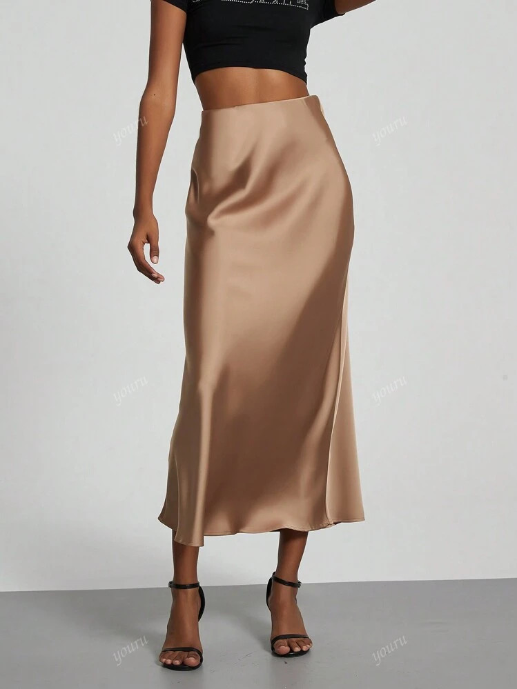 Women Elastic Satin Texture Silky Midi Skirt | SHEIN
