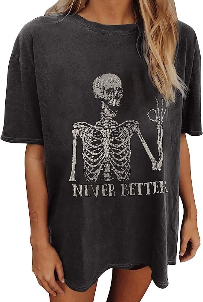 Western Halloween Shirts for Women Skeleton Graphic Tshirts Short Sleeve Grunge Clothes Oversized... | Amazon (US)