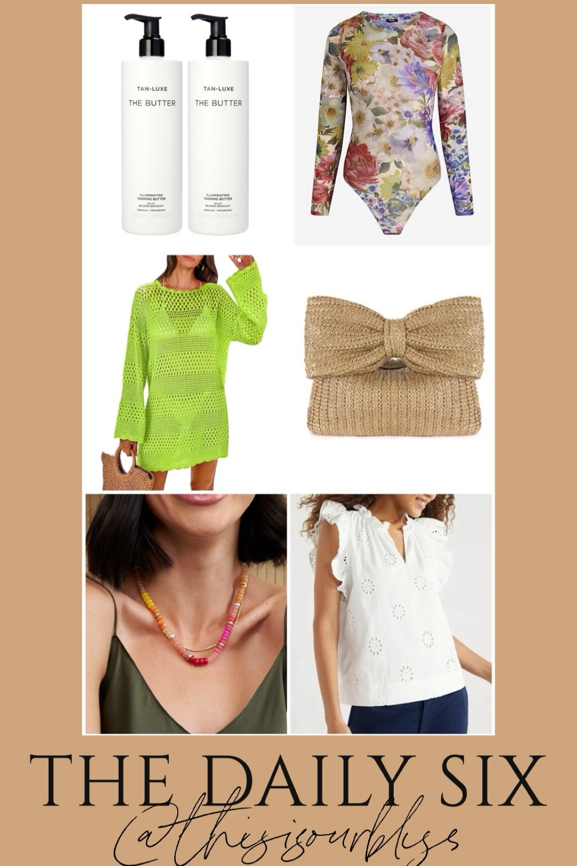 The daily six! Today’s daily finds 🖤 

Tan luxe sun butter, two pack for $50, 50% off 
Floral mesh bodysuit  
Colorful crochet, long sleeve, swim cover-up 
Bow Rafia clutch for spring & summer 
Trending! Colorful beaded necklace, and you can add charms! 
Eyelet flutter sleeve top under $25! 

#LTKstyletip #LTKfindsunder50 #LTKsalealert