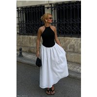 Katie Knit And Linen Midi Dress - Black/White | MESHKI US