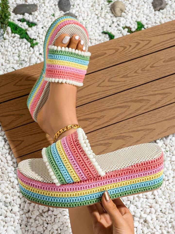Women's Fashionable Colorful Grid Patterned Sandals With Colored Wedge, Thick Sole, Fuzzy Ball De... | SHEIN