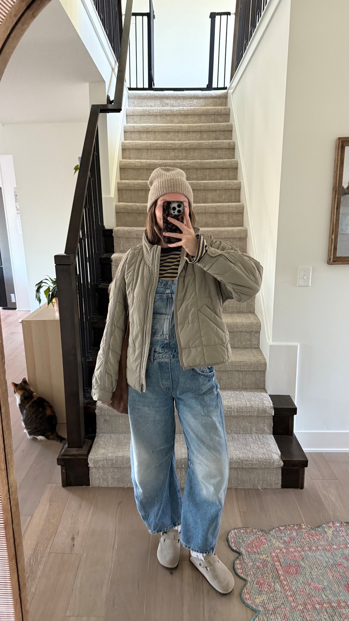 wearing a small in puffer jacket, striped tee and barrel overalls! 

Winter outfit, postpartum 

#LTKootd