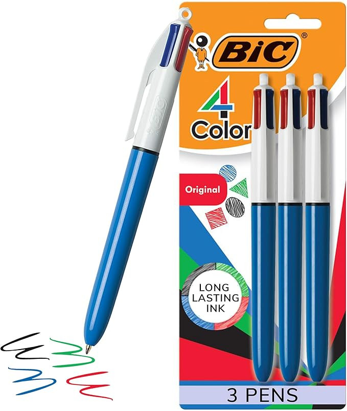 BIC 4-Color Original Retractable Ballpoint Pen with 1.0 mm Medium Point, 3-Count in Assorted Ink | Amazon (US)