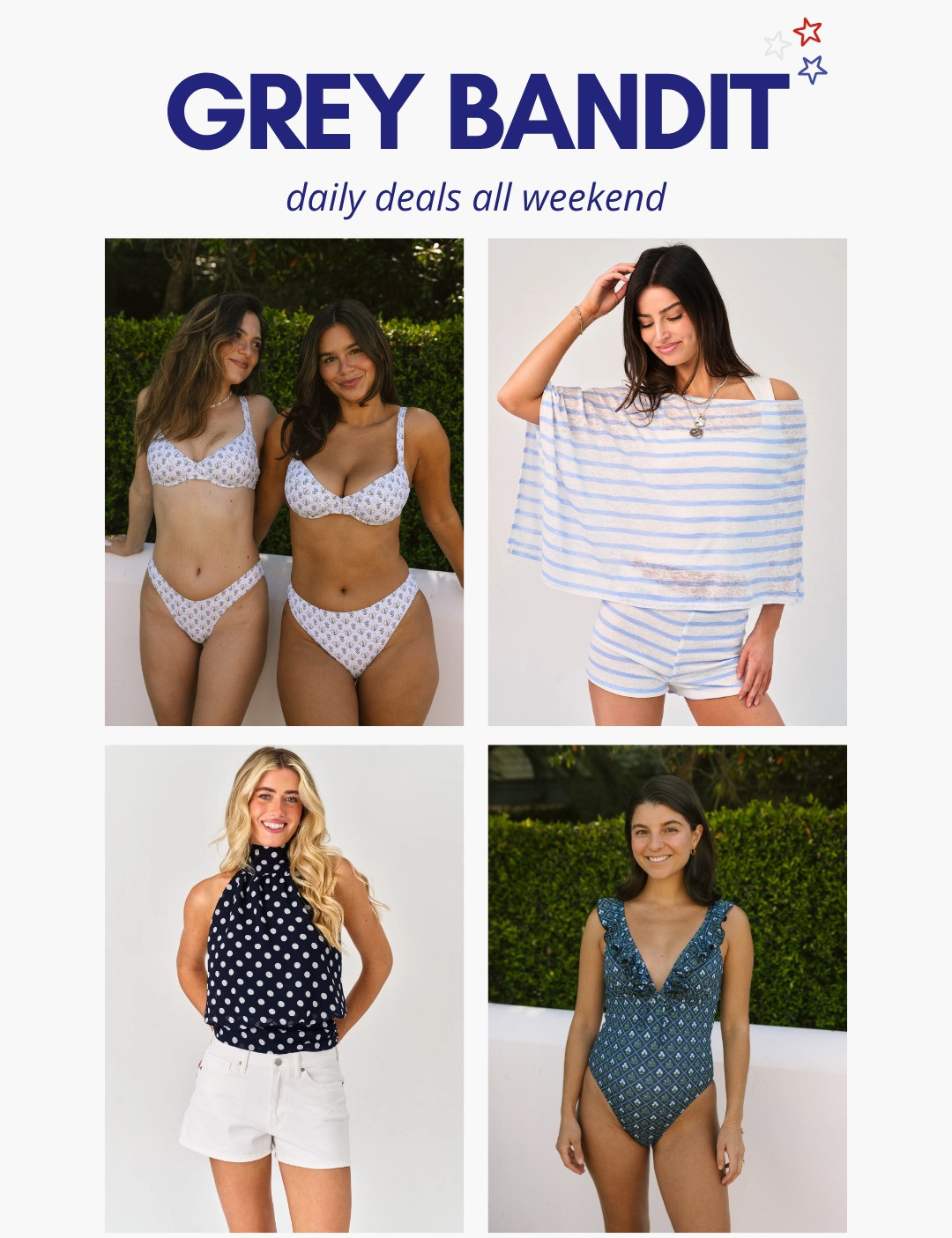 [7/2/26] Grey Bandit has daily deals all weekend and the summer styles are so good right now ✨🤍 Cute swim, easy matching sets, and those effortless pieces that make vacation and weekend dressing feel easy. Definitely a good time to grab your favorites before the best styles start selling out. 

 #LTKootd #LTKSaleAlert #LTKSwim