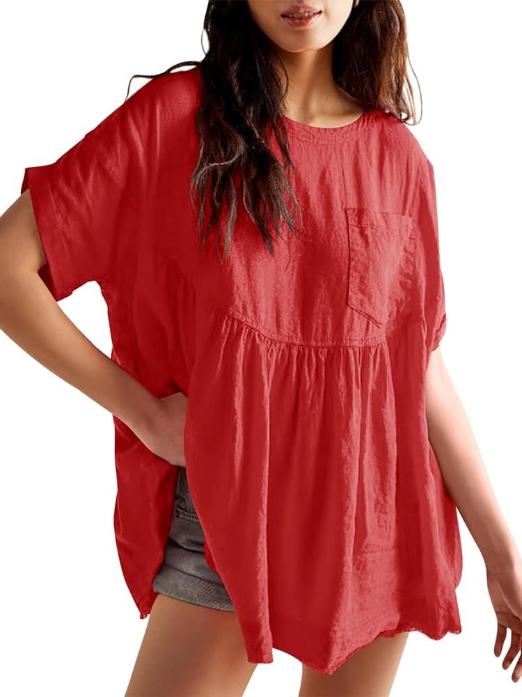 Tankaneo Womens Summer Babydoll Tops Short Sleeve Crew Neck Tunic T Shirts Cute Swing Mini Dress | Amazon (US)