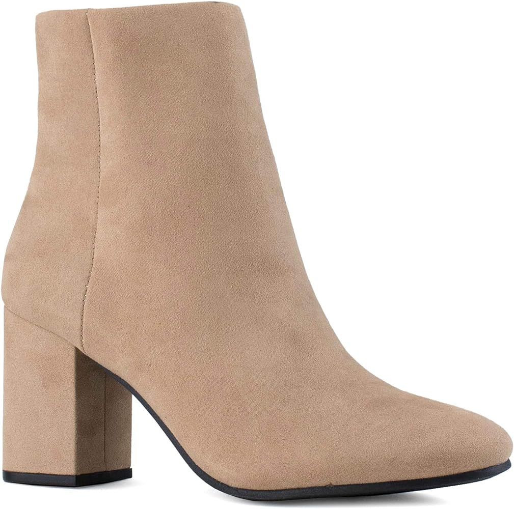 Women's Round Toe Chunky Heeled Side Zip Slim Fit Ankle Booties | Amazon (US)