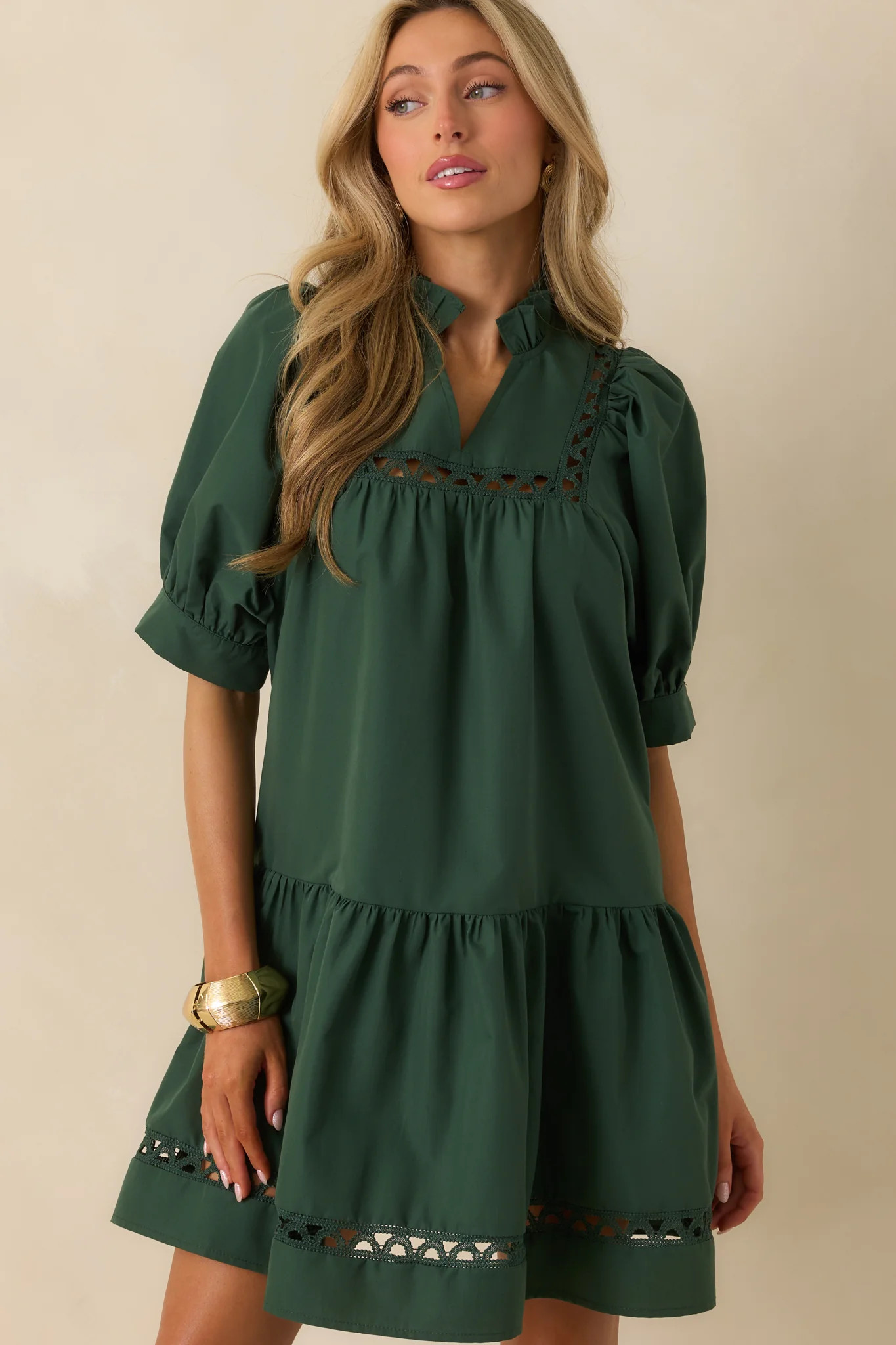 Feels Just Right Hunter Green Puff Sleeve Embroidered Eyelet Mini Dress | Red Dress