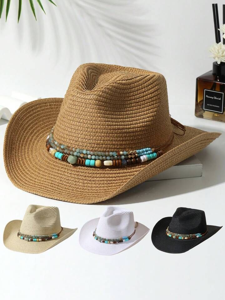-25%1pc Unisex Tassels Decor Boho Jazz Panama Visor Cowgirl Hat Cowboy Hat Straw Hat Beach Hat Fo... | SHEIN