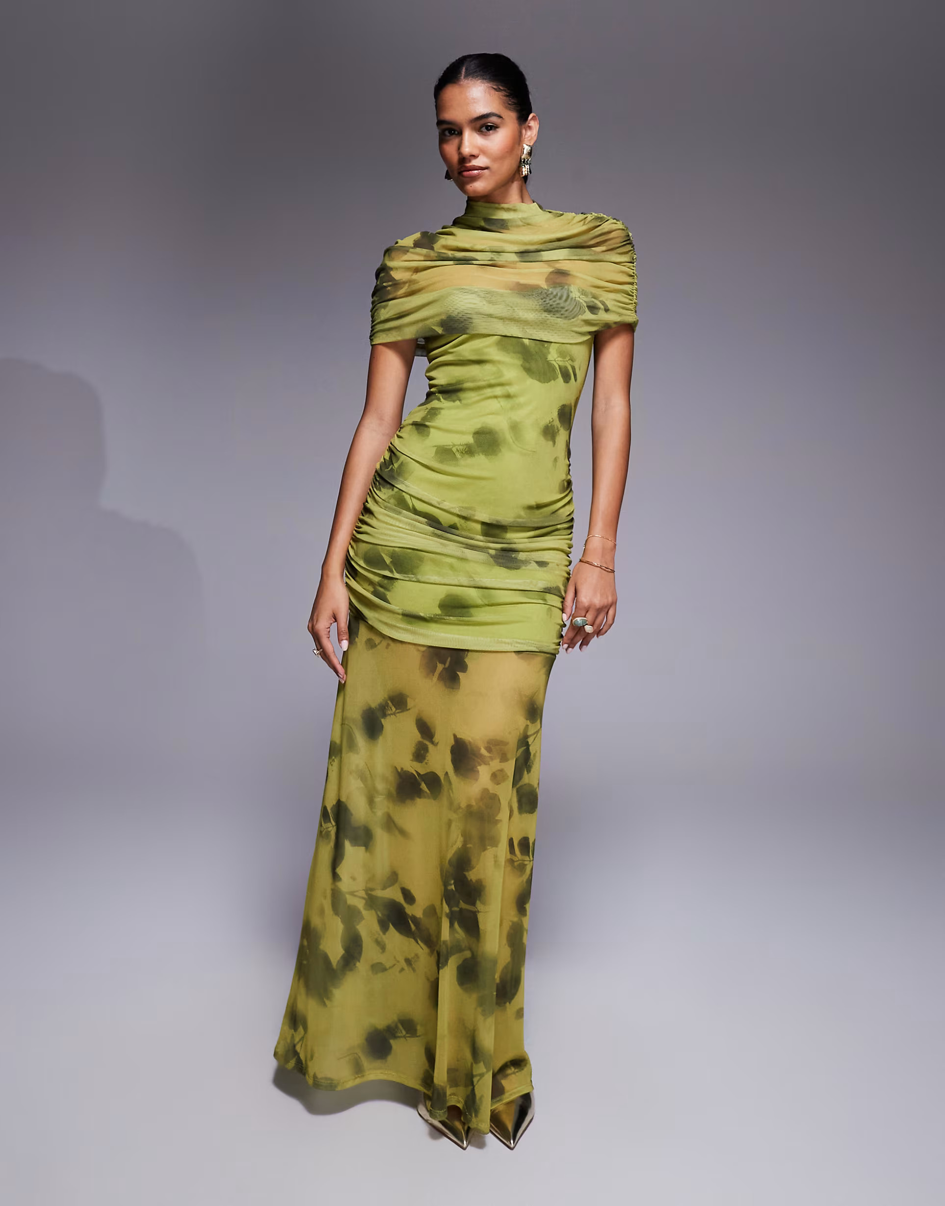 ASOS DESIGN printed mesh high neck overlay maxi dress with sheer shirt in green floral | ASOS (Global)