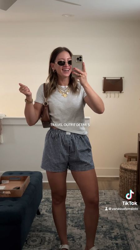 5/16/24 Travel outfit of the day 🫶🏼 Boxer shorts outfit, boxer shorts, navy blue boxer shorts, casual outfit, casual outfit ideas, casual outfit inspo, casual summer outfits 