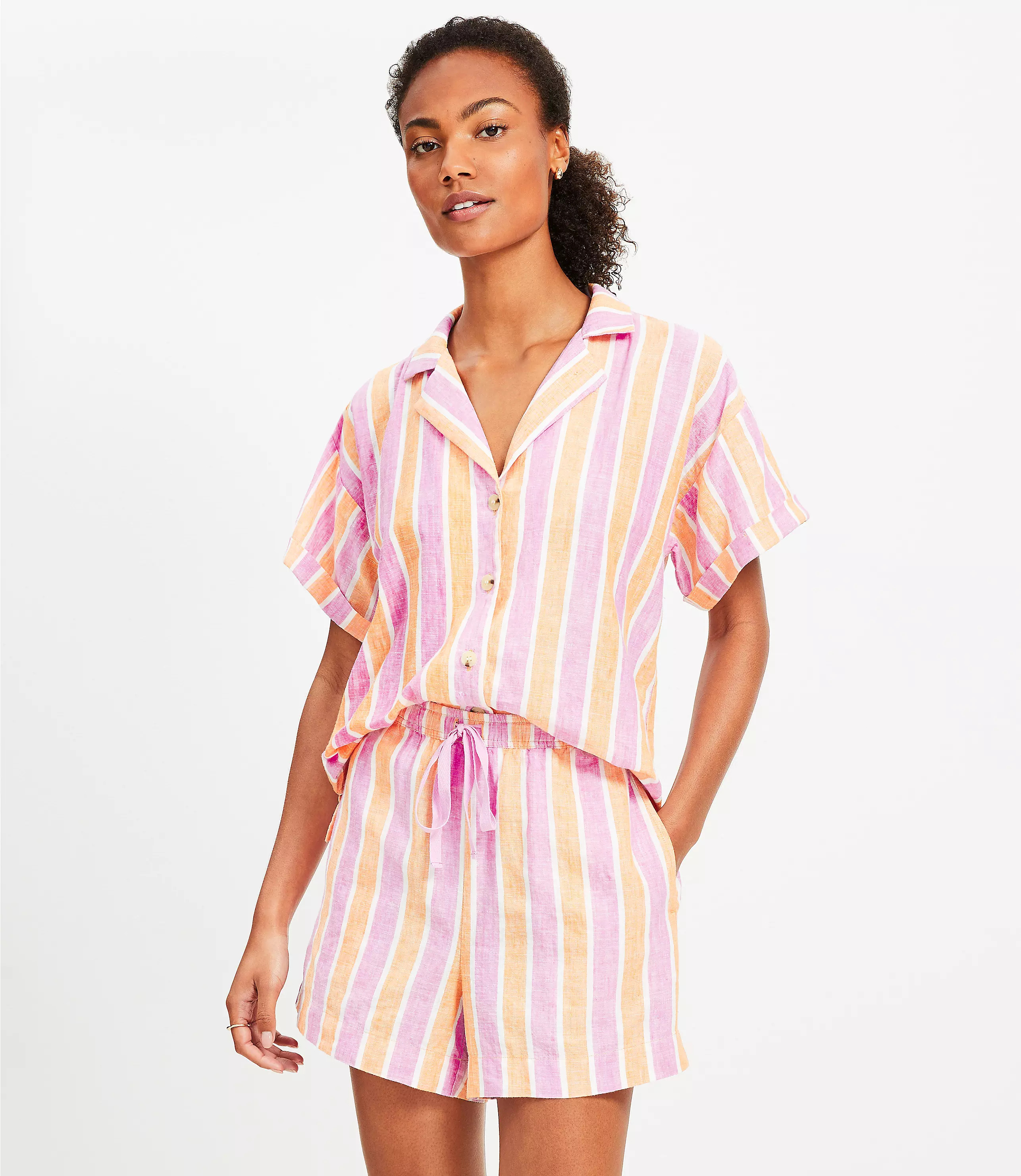 LOFT Beach Striped Linen Drawstring Shorts | LOFT