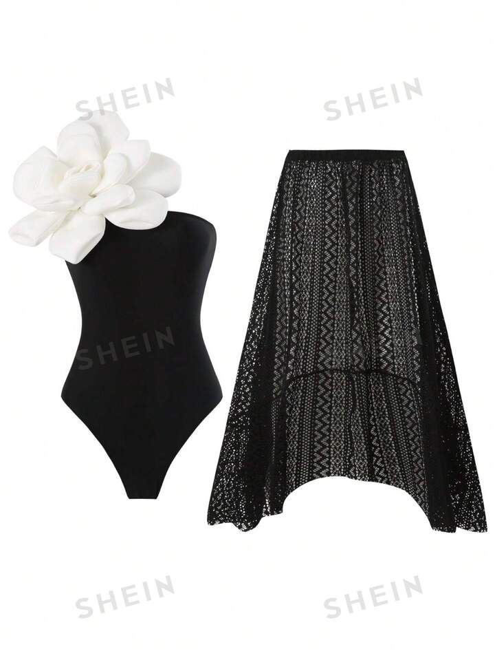 Bikinx Color Block 3d Flower Applique One Shoulder Swimsuit With Lace Cover-Up Dress | SHEIN