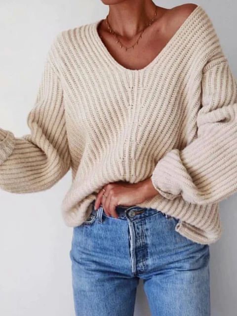 Solid Long Sleeve Knitted Vintage Sweaters | JustFashionNow US