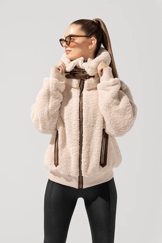 The Kinsley Bomber Jacket in Faux Sherpa - Taupe | POPFLEX