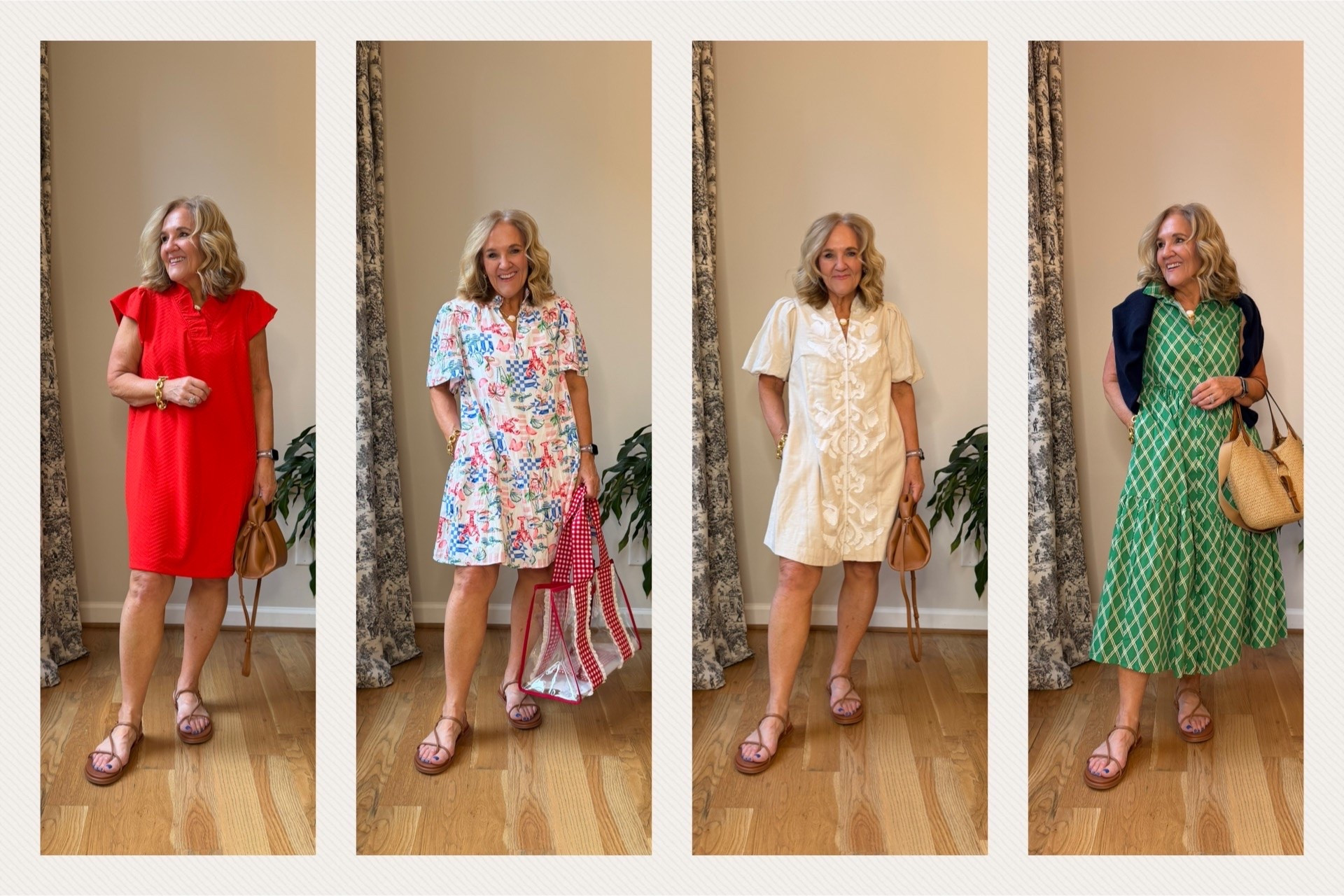 Buy 1 get 2 free promotion 
Wearing a medium in all except the sleeveless midi I sized down to a small. 
The neutral dress link is the geeen and white 
Use code NANETTE for 20% off the jelly tote 
Use code NANETTE 10% off my Eric javits purse 
Summer dresses work dress wedding guest dress 4th of July dress Memorial Day dress

#LTKSaleAlert #LTKOver40 #LTKPetite