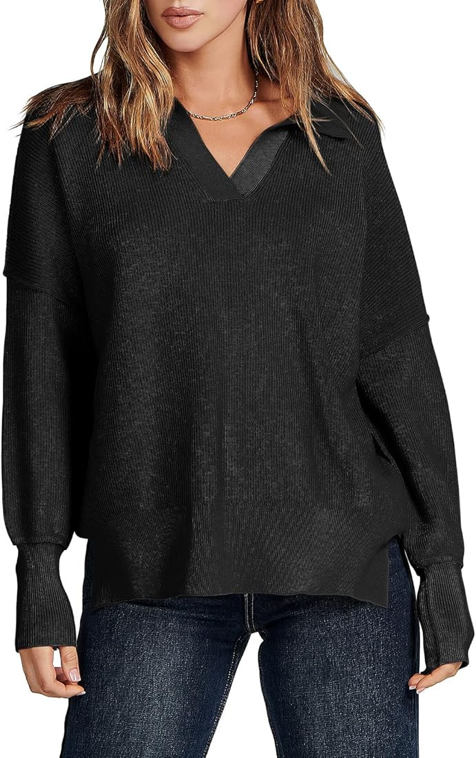 ANRABESS Women's 2022 Fall Batwing Long Sleeve V Neck Overiszed Pullover Sweaters Foldover Collared  | Amazon (US)
