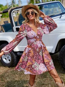 SHEIN VCAY Patchwork Print Lantern Sleeve Dress SKU: sw2212195338442491(2 Reviews)$17.49$16.62Joi... | SHEIN