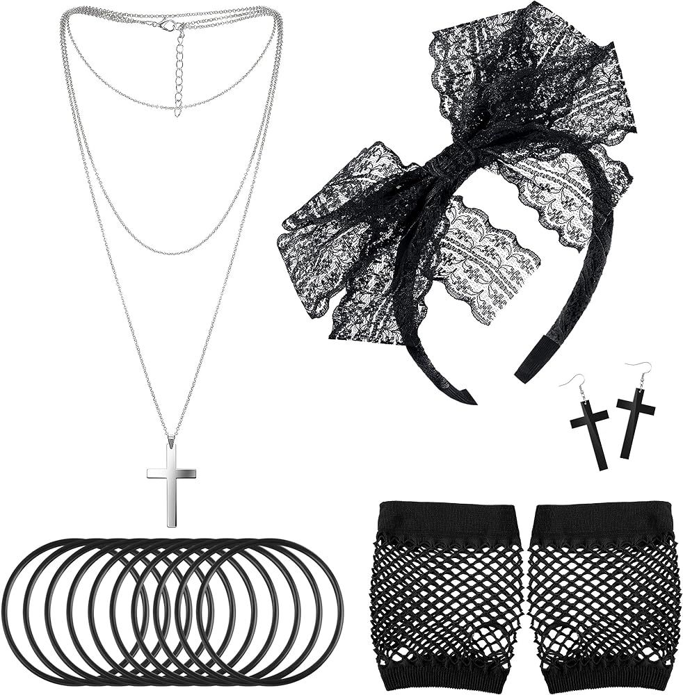 80s Costume Accessories Lace Headband Earrings Fishnet Gloves Necklace Bracelet | Amazon (US)