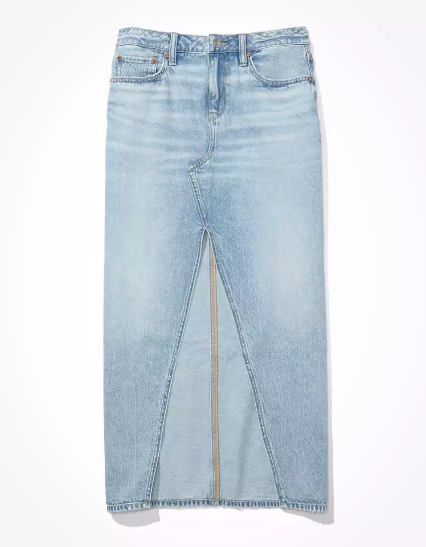 AE Dreamy Drape Low-Rise Denim Maxi Skirt | American Eagle Outfitters (US & CA)