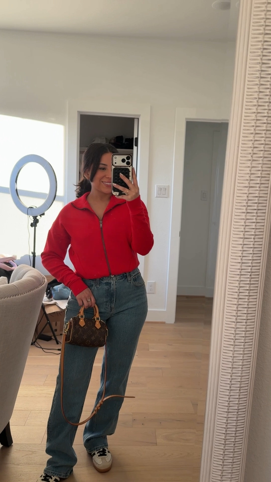 Red zip jacket: xs 
Jeans: 26 short
Adidas sambas sneakers: 4.5 men 
Nano speedy 

#LTKPetite #LTKootd #LTKValentine