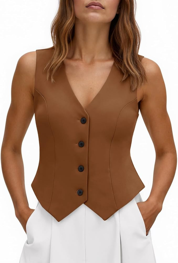 Tankaneo Womens Cropped Blazer Vest Tops Sleeveless V Neck Fitted Waistcoat Button Up Business Ca... | Amazon (US)