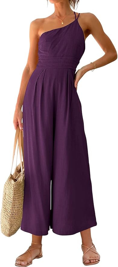 ANRABESS Women's Summer Straps One Shoulder High Waist Dressy Casual Wide Leg Linen Jumpsuit Romp... | Amazon (US)