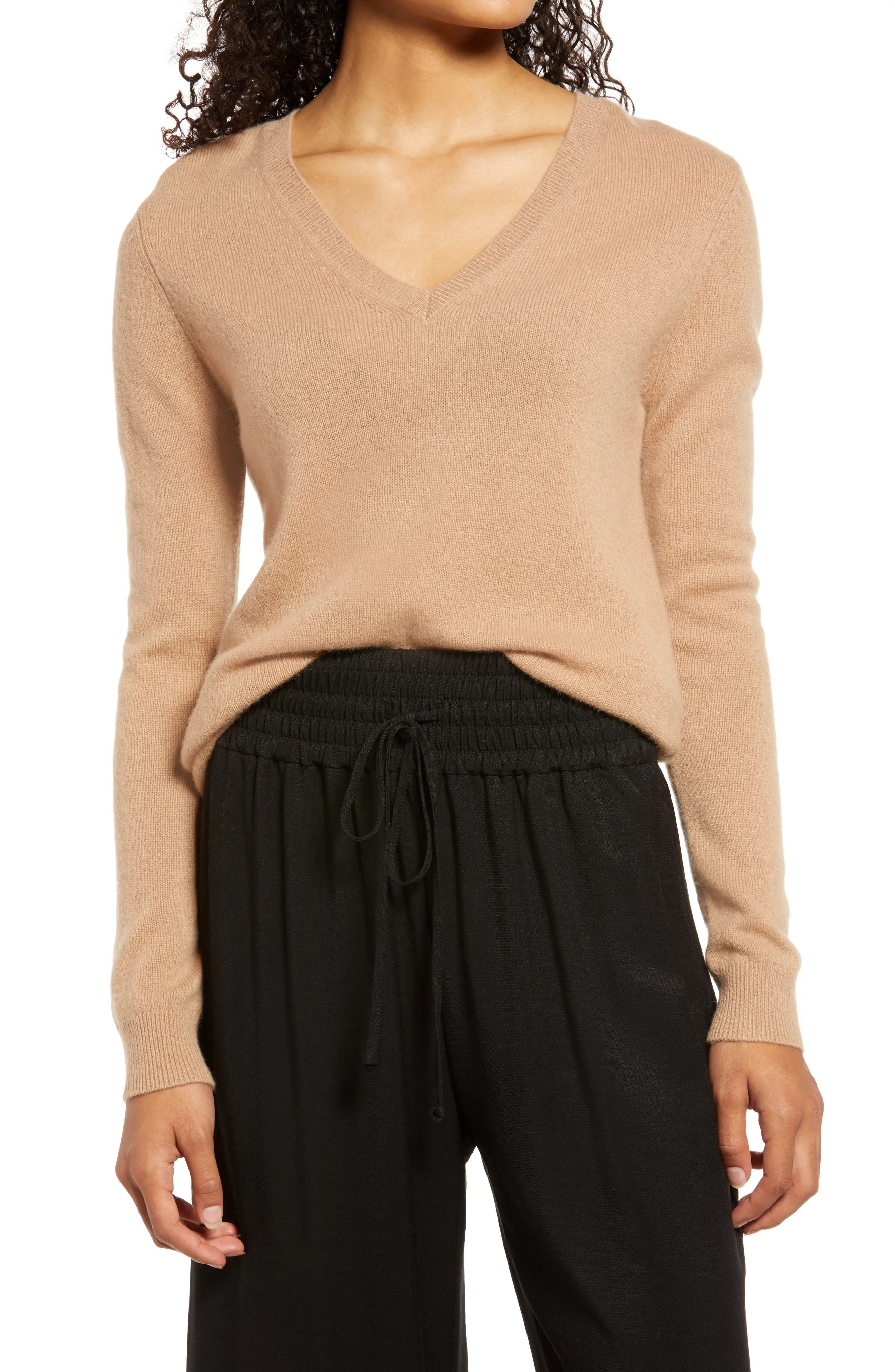 Nordstrom Cashmere Essential V-Neck Sweater in Camel at Nordstrom, Size Small | Nordstrom