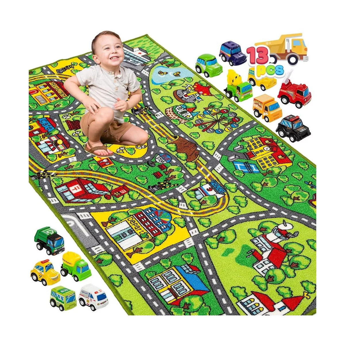 SYNCFUN Carpet Playmat w/ 12 Cars Pull-Back Vehicle Set for Kids Age 3+, Jumbo Play Room Rug, Cit... | Target