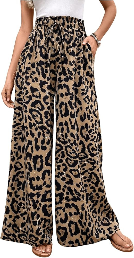 OYOANGLE Women's Leopard Print Elastic High Waist Wide Leg Pants Tie Front Pockets Loose Casual T... | Amazon (US)