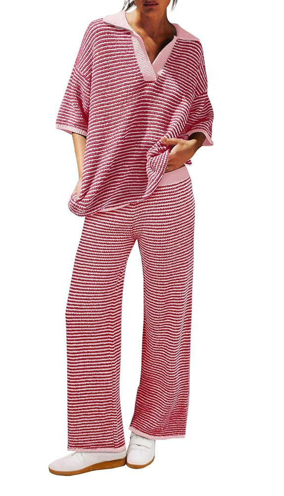Tankaneo Womens Sweater Set Striped 2 Piece Outfits Oversized 3/4 Sleeve V Neck Knit Tops Wide Le... | Amazon (US)